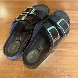 Madden Girl Bodie Dark Brown Slides with Metallic Buckles